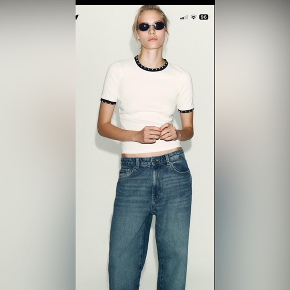 Zara Tops - White Top with Black Pearl Trim Size Small has a little mark on it will post pic
